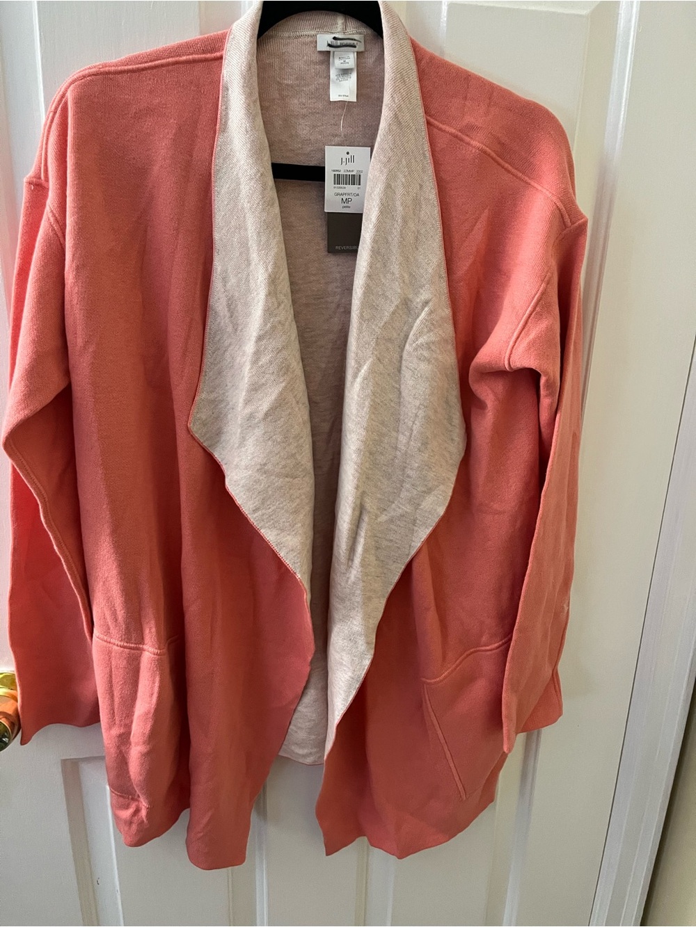 J. Jill Coral Open-Front Cardigan with Cream Shawl Collar medium petite